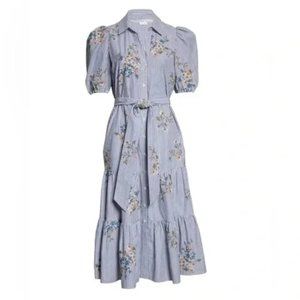 VERONICA BEARD Eunice Cotton Shirt Dress Floral Embroidered Striped